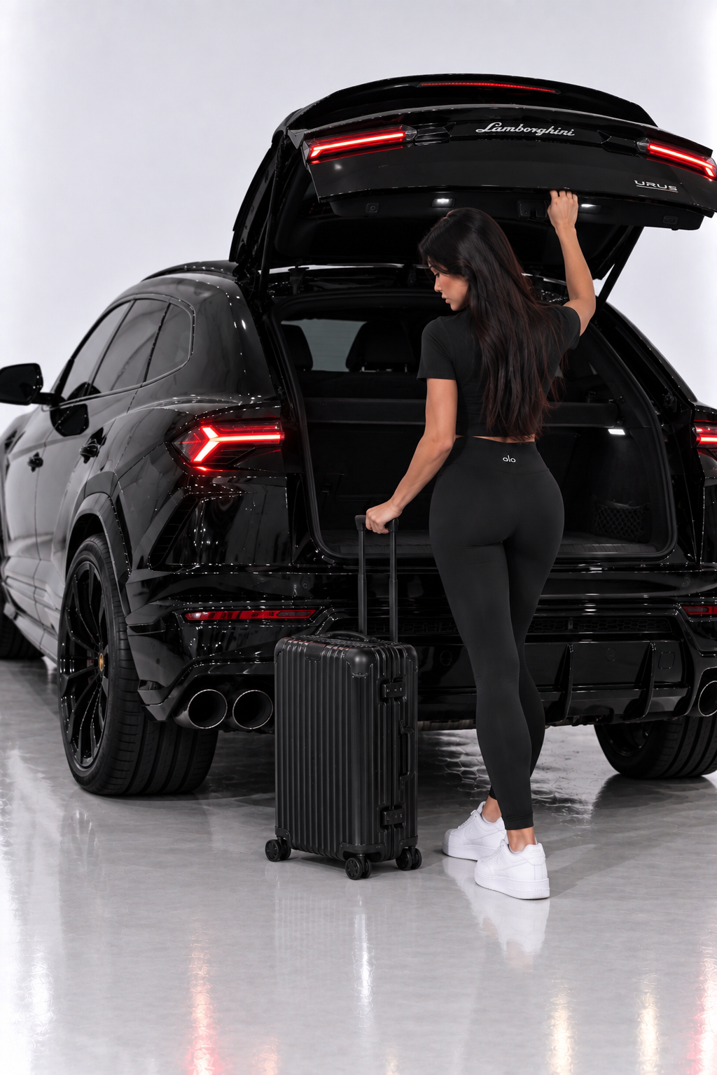 RIMOWA Original Cabin Black aluminum carry-on luggage beside Lamborghini Urus with open trunk