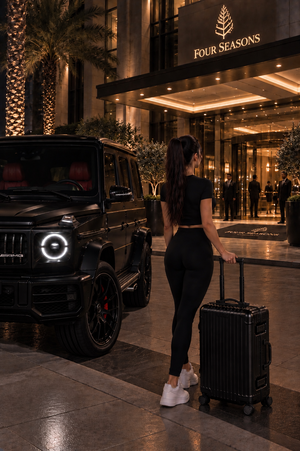RIMOWA Original Cabin Black aluminum carry-on luggage beside Mercedes-AMG G-Class outside Four Seasons hotel